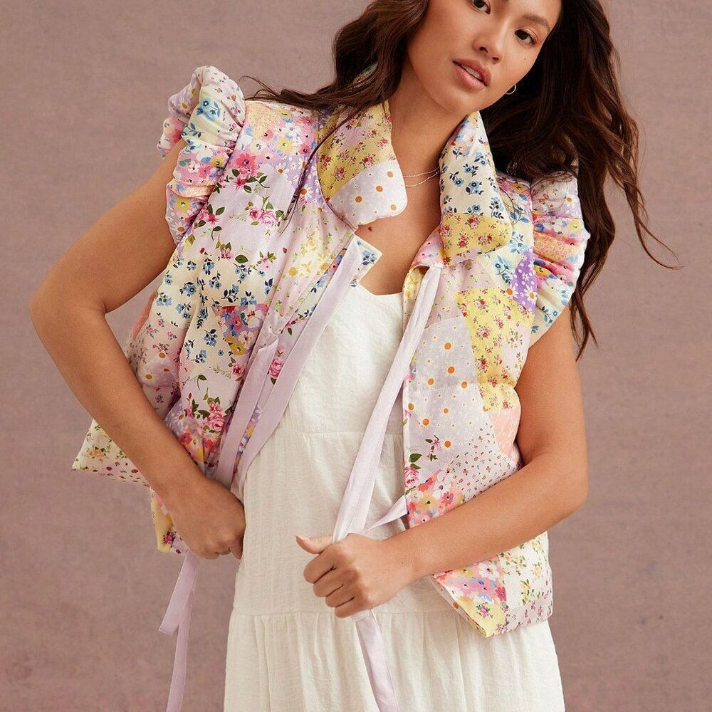 Multicolor Boho Women's flower Print Cute Bow Front Puffer Vest jacket - Picture 4 of 5
